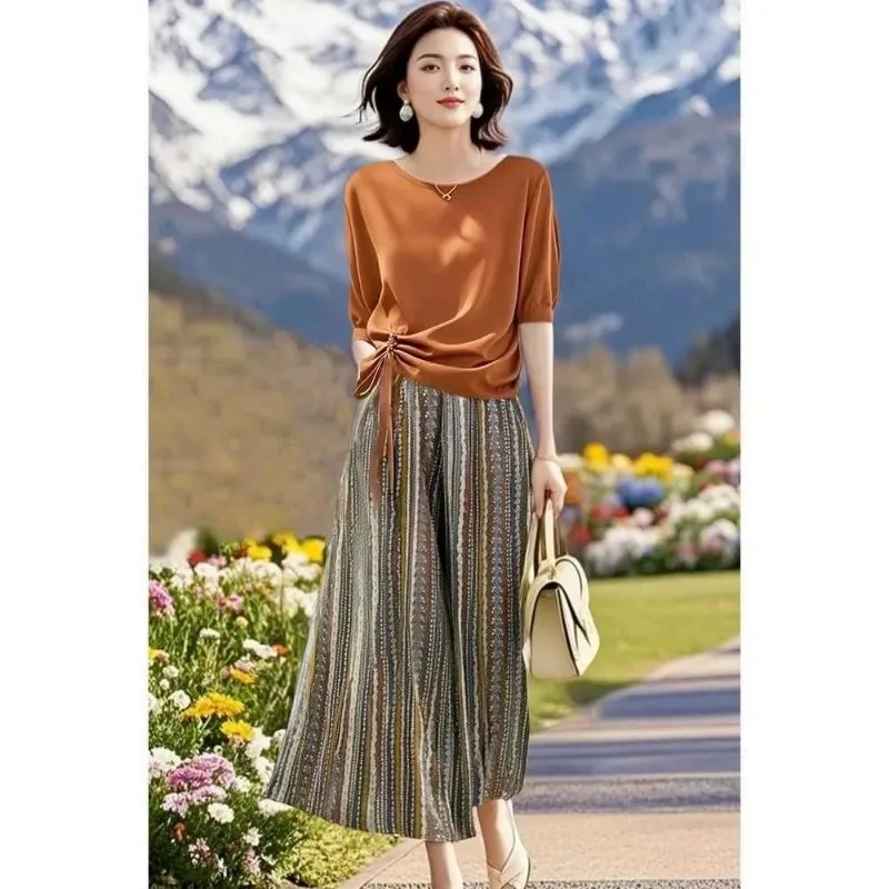 

Women's 2-Piece Outfit Caramel Tie-Knot Batwing Sleeve Top Boho Striped Wide Leg Pants Set