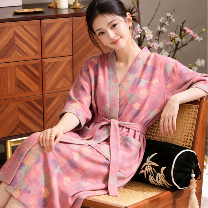 

100% Cotton 2 Layer Gauze Nightgown Womens Spring Summer New Flower Print Thin Yukata Bathrobe Men's Kimono Robe Loungewear