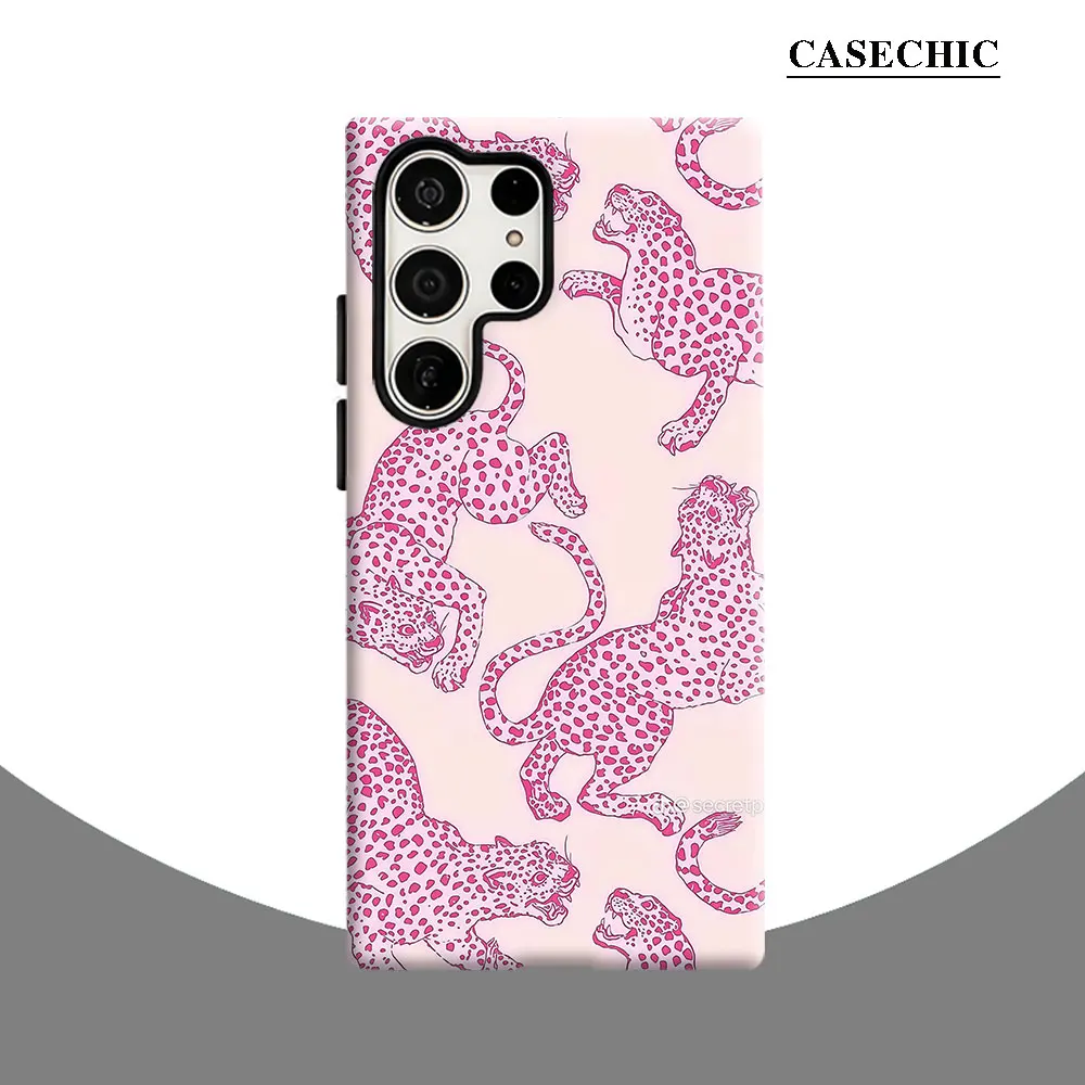 Hot Pink Leopards Phone Case for Samsung Galaxy S26 S25 Ultra S24 S23 Ultra Plus Shockproof Double layer tough Back Cover