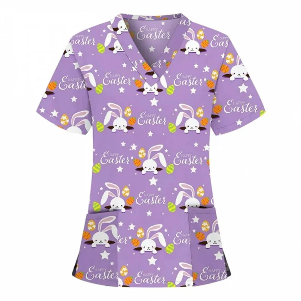 

Surgical Uniforms Woman Animal Cartoon Print Health Care Nurse Tops Casual V-Neck Short Sleeve Patch Pocket Nurse Uniform Woman