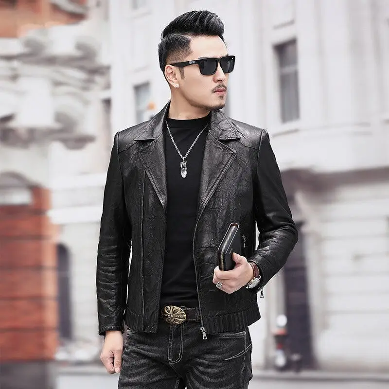 2022  Mew Men's Black Thin Leather Jacket Spring Autumn Soft Top Leather Slim Jacket Black Lapel Classic Clothing Q29