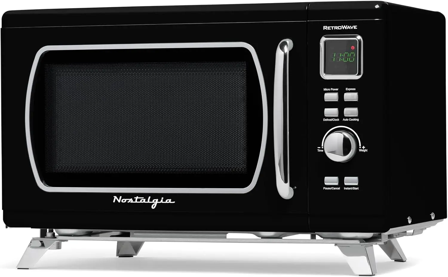 

Retro Countertop Microwave Oven - 900-Watt - 0.9 cu ft - 8 Pre-Programmed Settings - Digital Clock - Black