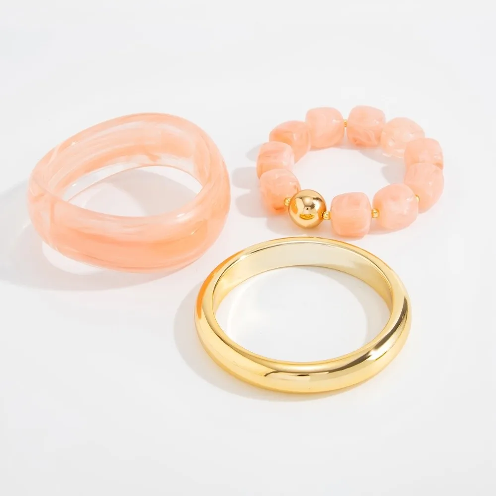 3Pcs/set Vacation Style Resin Bangle Gradient Resin Bead String Bead Bracelet Plain Metal Elastic Cord Metal Wrist Band