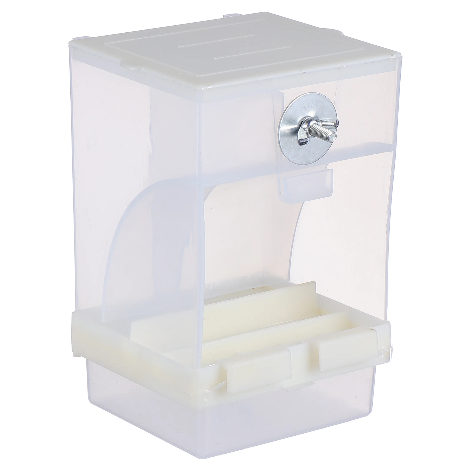 

Acrylic Automatic Bird Feeder Clear Cage Mountable Trough Removable Tray Small Birds Finches Canaries Conures Parrotlets