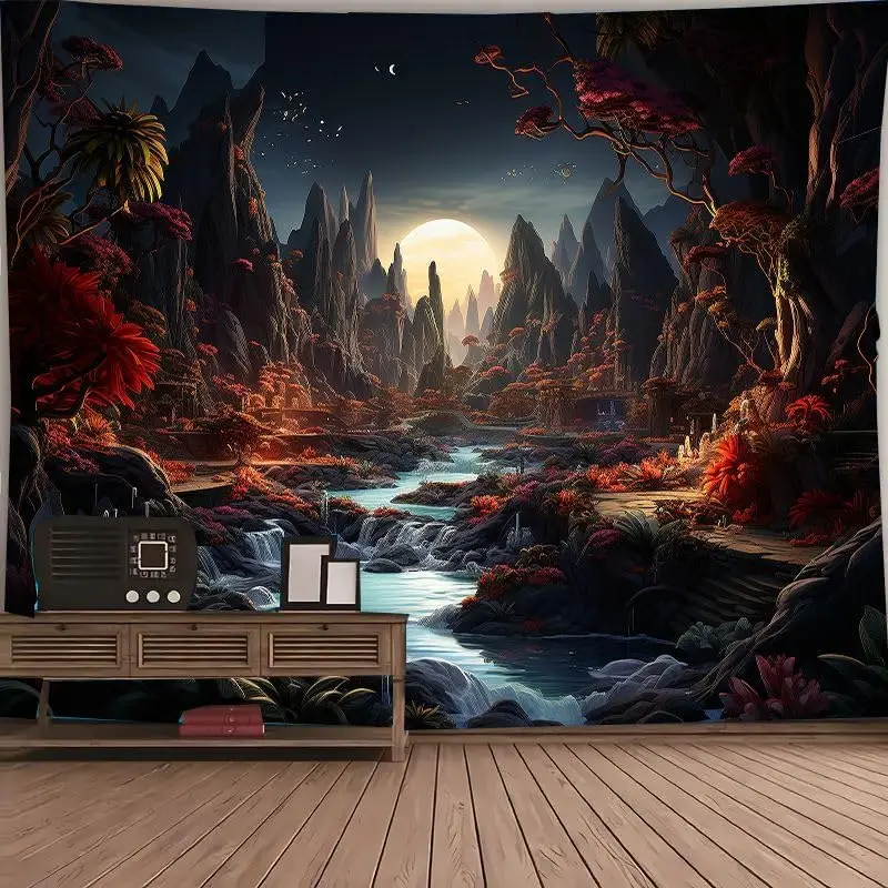 Moon Night Forest Wall Tapestry,Enchanted Wonderland Glow in the Dark Trees Mountain River Nature Landscape Decor Tapestries