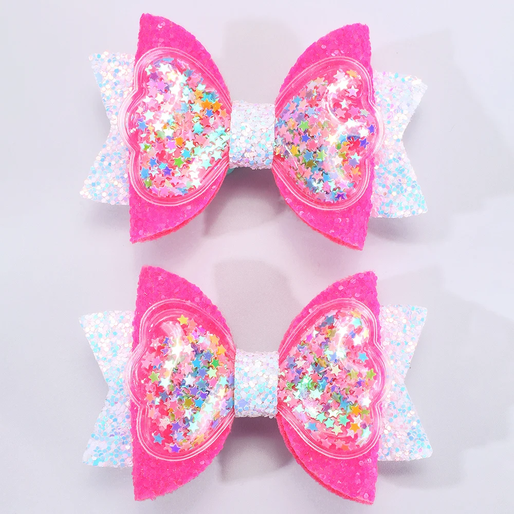 2pcs Shiny Star Quicksand Bow Hair Clips for Little Girls Cute Glitter Bow Hair Clips Cartoon Hair Accessories Birthday Gift