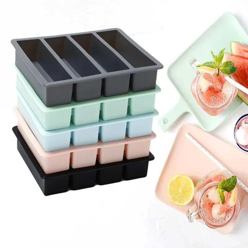 Long Strip Silicone 4 Grid Giant Silicone Ice Cubes Square Tray Mold Non-toxic Durable Wine Ice Cube Manufacturers