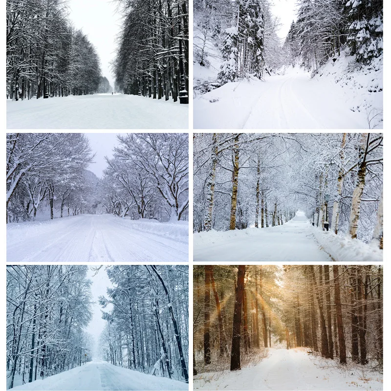 

Winter Forest Snowcovered Road Photography Backdrops Blurred Landscape Snowflakes Road Spruce Trees Photo Background XD-05