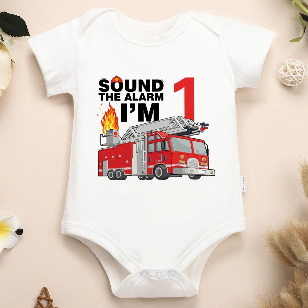 Fire Truck Cartoon Cute Baby Boy Bodysuit Sound The Alarm I'm 1 Year Old Print Fashion Birthday Clothes Cotton High Quality Gift