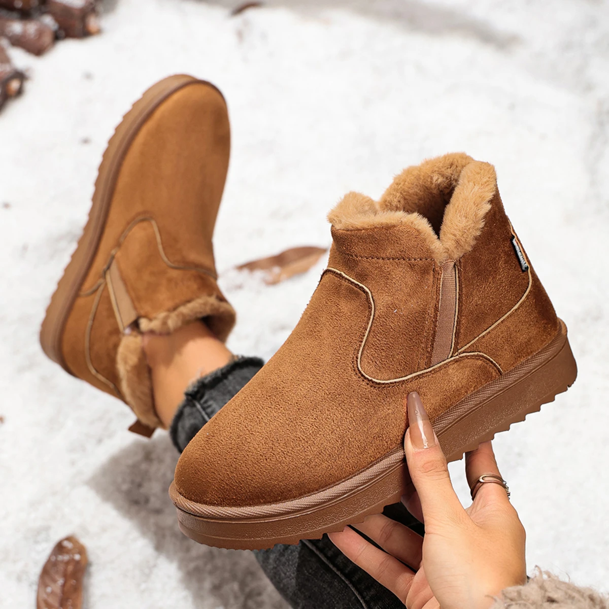 Women Boots Slip-On Cotton Large Size Shoes for Women Trend Winter Thick Bottom Shoes Warm Lined Round Toe Snow Boots Women