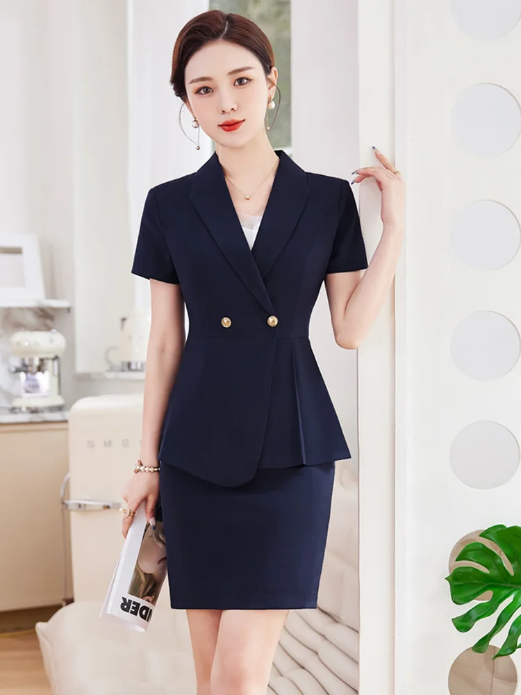 

Деловой костюм с коротким рукавом и юбкой для женщин, летний, элегантный, униформа для сотрудников ювелирных магазинов, салонов красоты, отелей