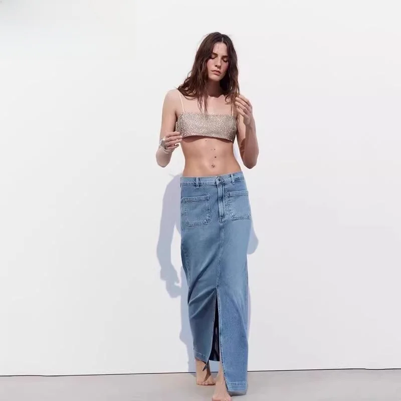 

Spring 2024 Faion Versatile Women's Midi Skirt with ket High Waist Denim Skirt All-Match Sle Long Pure Color Design