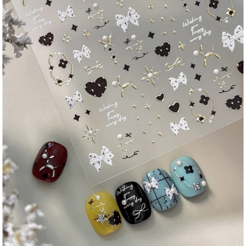 French Leopard Print Ribbon Punk Y2K Nail Art Stickers Cute Bowknot Pearl Star Love Heart Coloful Polka Dot Bow Tie Nail Decals