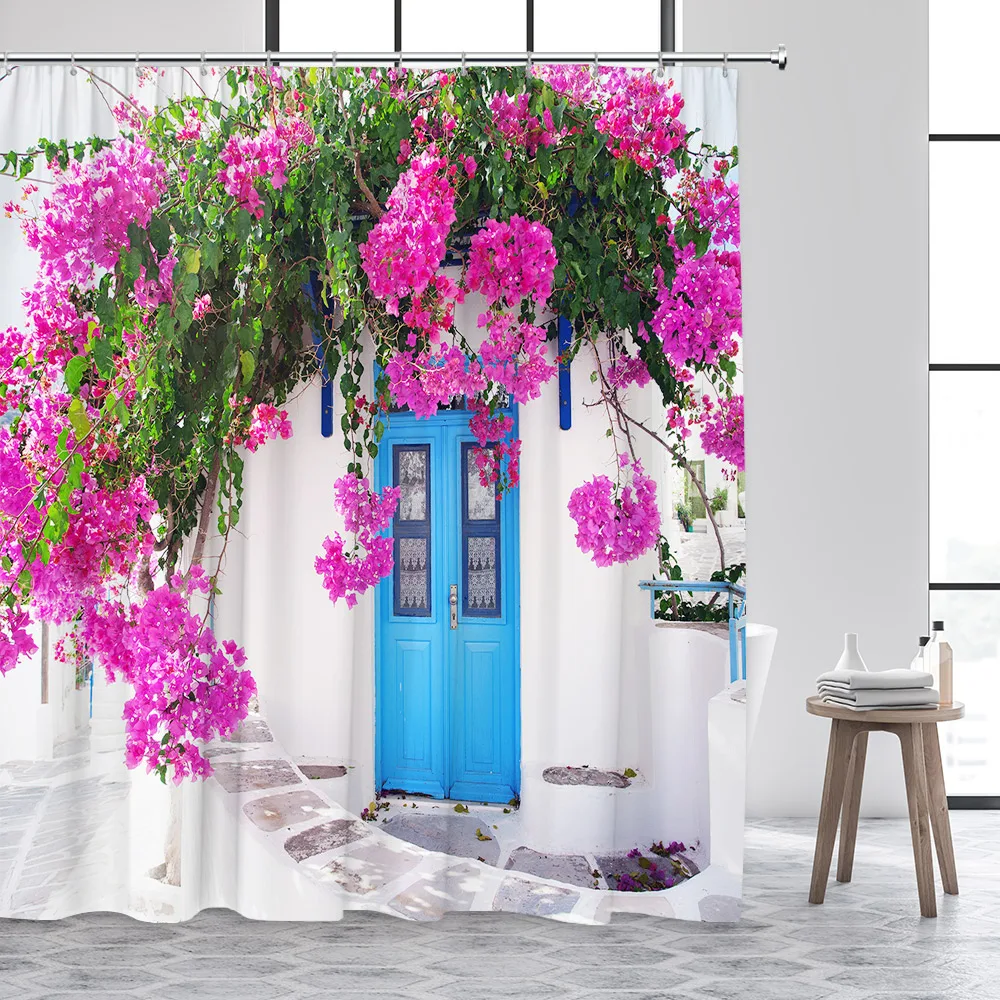 Greek Mediterranean Shower Curtain Purple Flowers Blue Door Window White Architecture Nature Landscape Bathroom Curtains Decor