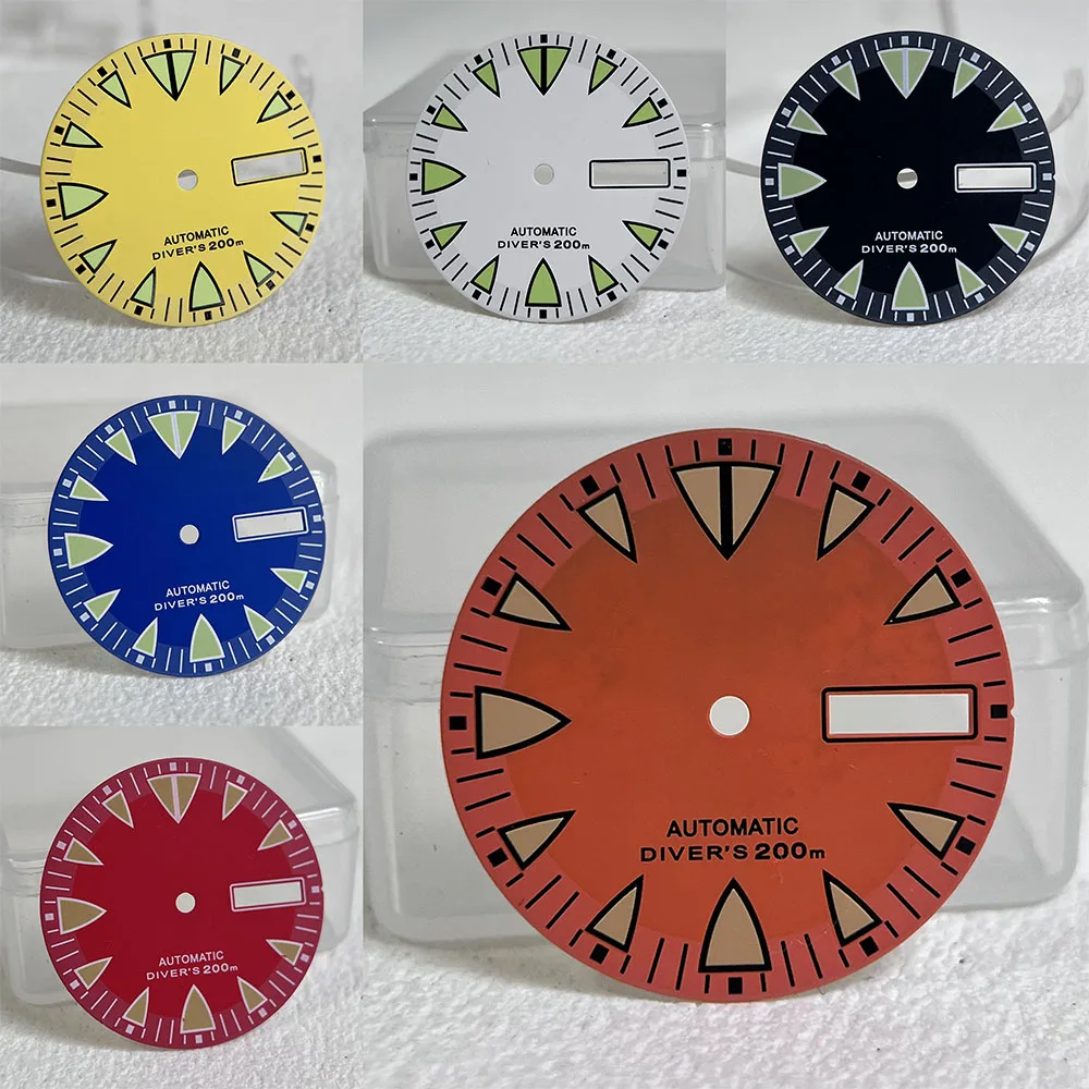 28.5mm Matte Triangle Markers Dive Dial Green Luminous 3 o'clock Day Date For NH36 DIY Vintage Watch Mod Replacement Parts