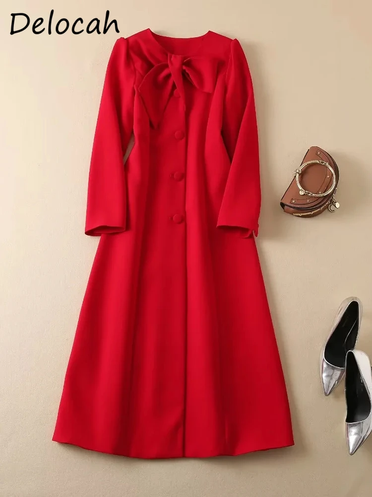 Delocah di alta qualità autunno donna stilista vestito Midi rosso Kate Middleton manica lunga fiocco elegante partito abiti a-line