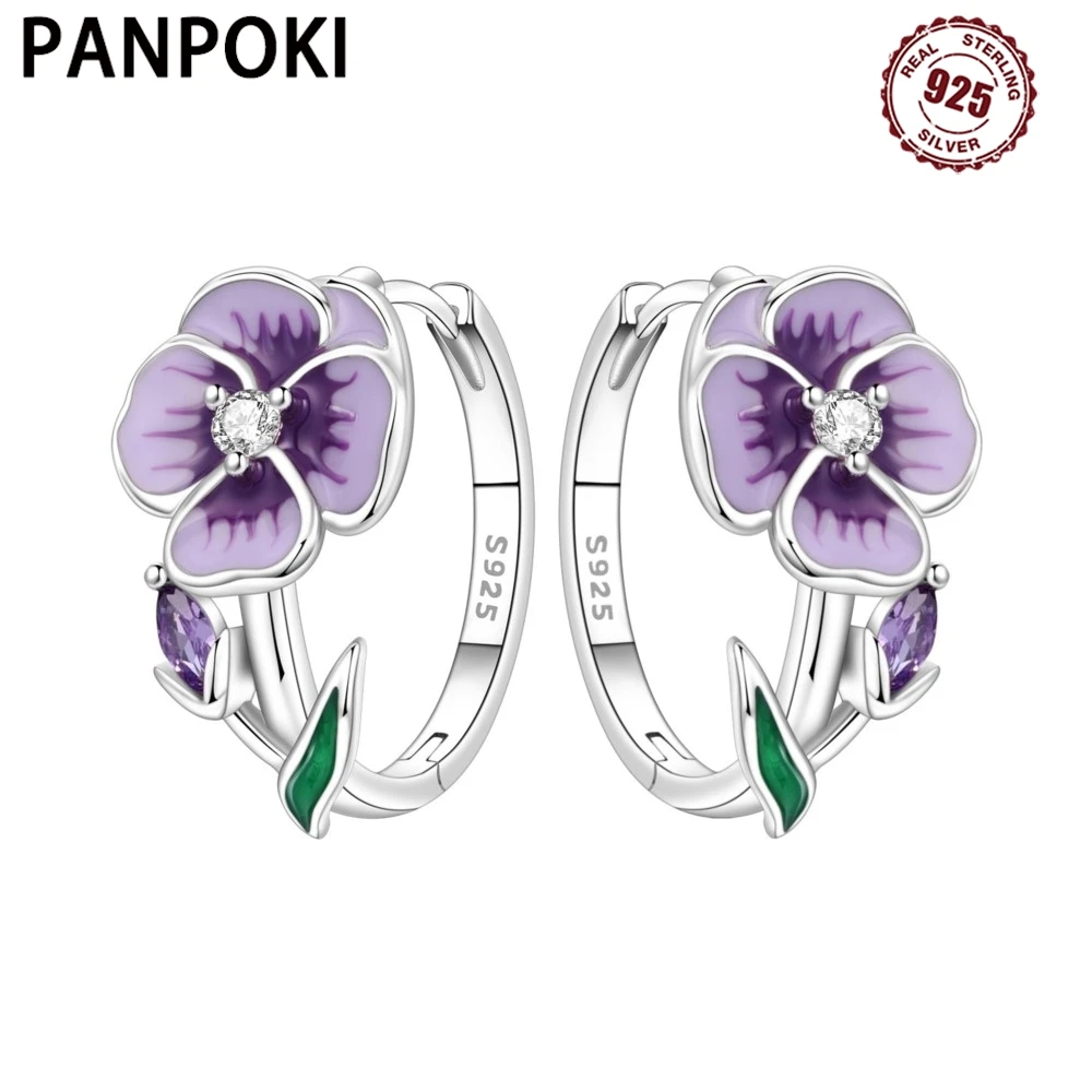 PANPOKI Original 925 Sterling Silver Violet Flowers Earrings Women Hoop Earring Anniversary Jewelry Trendy Gifts