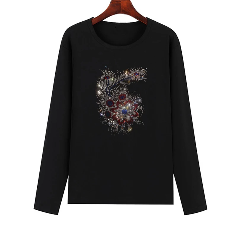 

Hot sale shiny crystal hot diamond printing round neck women's long-sleeved T-shirt fall women's T-shirt fashion women's T-shirt