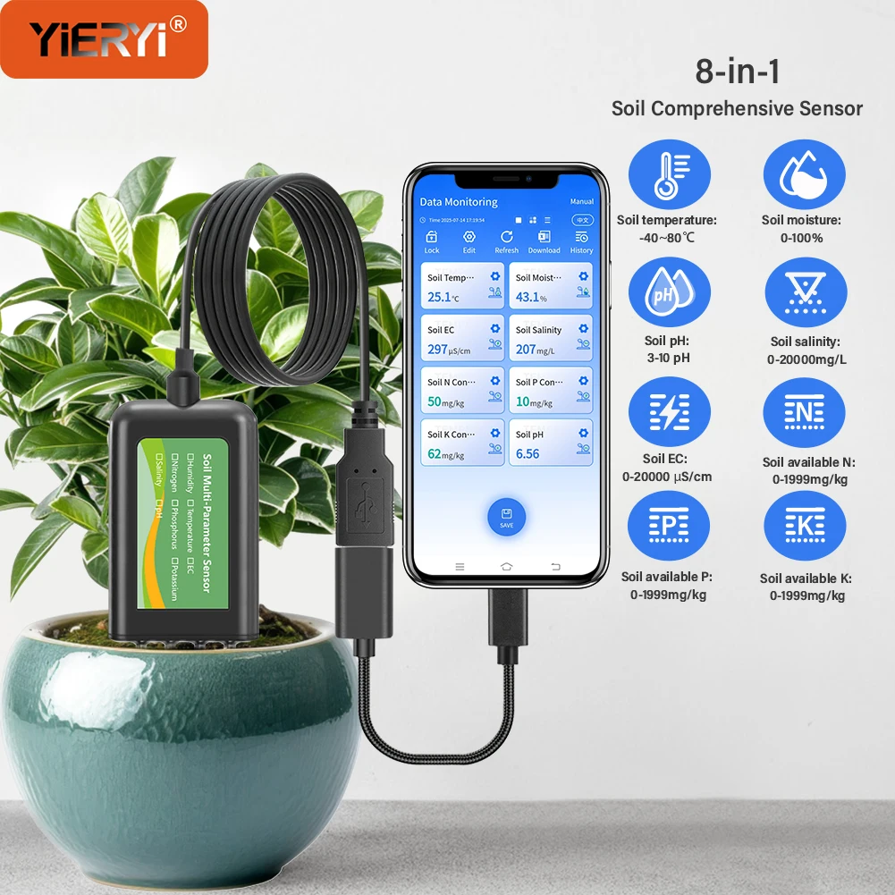 

YIERY 8-in-1 Soil Sensor USB pH EC Moisture NPK Temperature Salinity Tester for Farming Gardening Real-Time Data via Mobile App