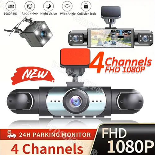 360 °   Cámara de salpicadero para coche, grabadora de vídeo de 4 canales, 1080P, DVR para coche, lente 3/4 frontal en el interior opcional, vista trasera, visión nocturna, caja negra camara grabación para coche