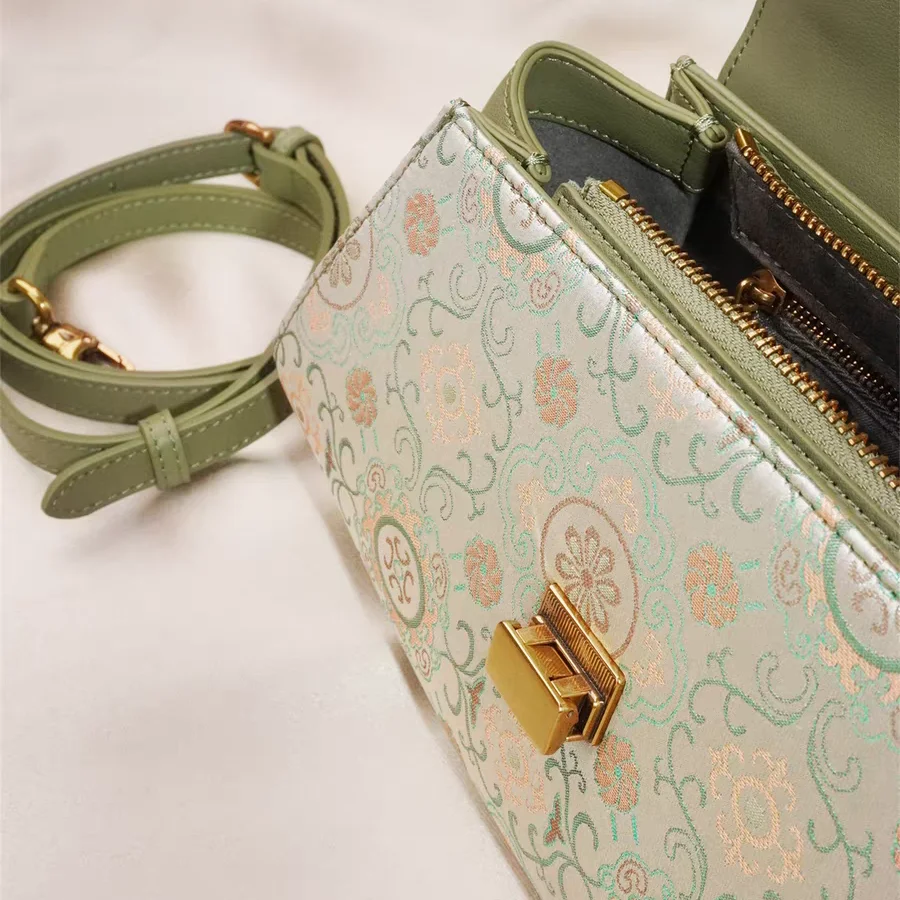 Light Luxury Niche Style Women Green Handbag With Mulberry Silk Jacquard Song Brocade & Leather Patchwork Crossbody Bags Lady