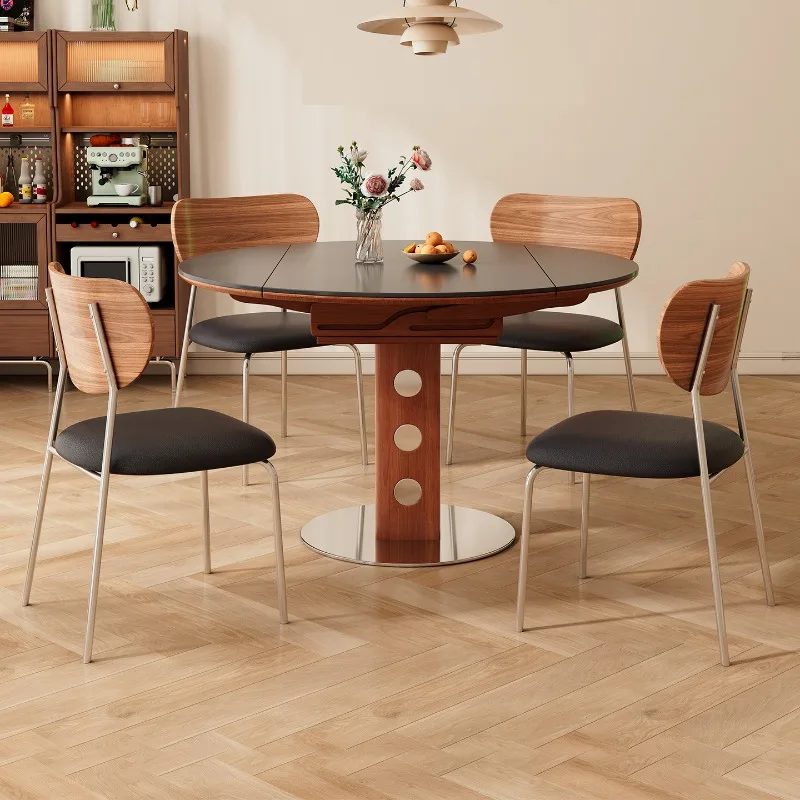 

Rock slab dining table variable round table retractable small apartment solid wood retro style folding dining table