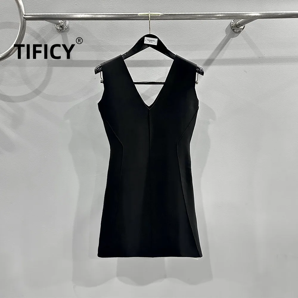 

TIFICY High Sreet Mini Slim Dresses Women's Spring/summer Ribbed Knit Slim Fit Ro Style V-neck Black Knit Dress Vestidos