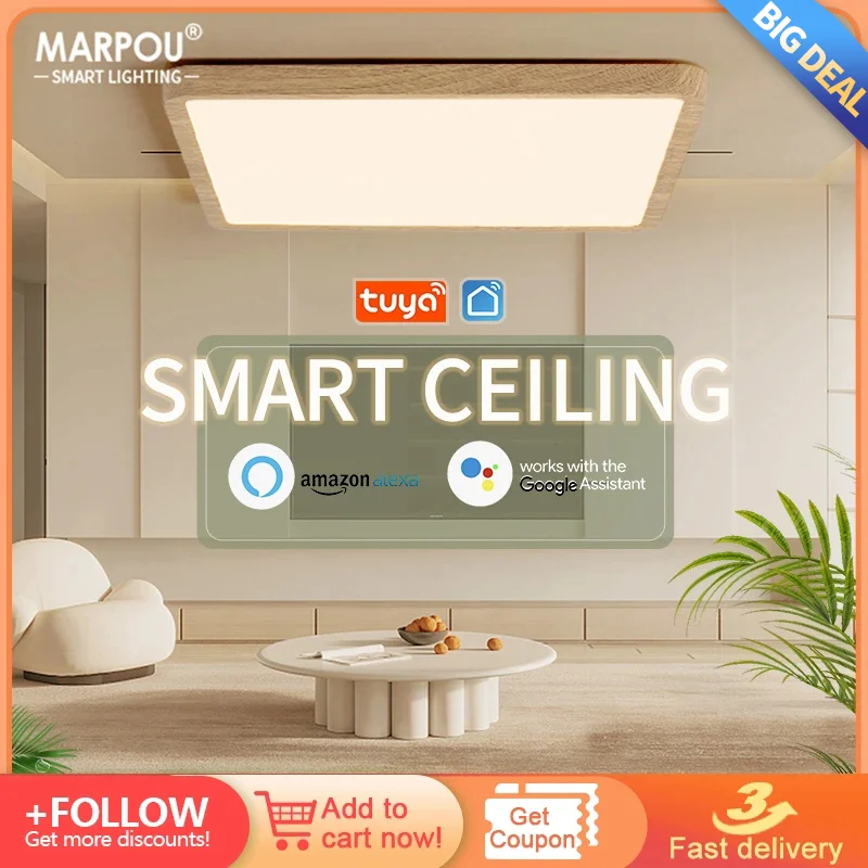 Square Tuya Wifi Smart LED Ceiling Lamp APP/Remote Control Wood Grain Voice Control Alexa Dimmable Lustre Lights for Living Room