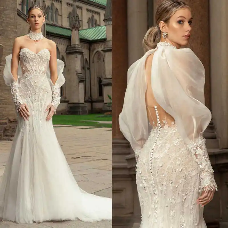 Aangepaste elegante trouwjurken zeemeermin strapless met bloemenapplicaties volledige mouw pailletten hals bruidsjurken Robe De Mariee