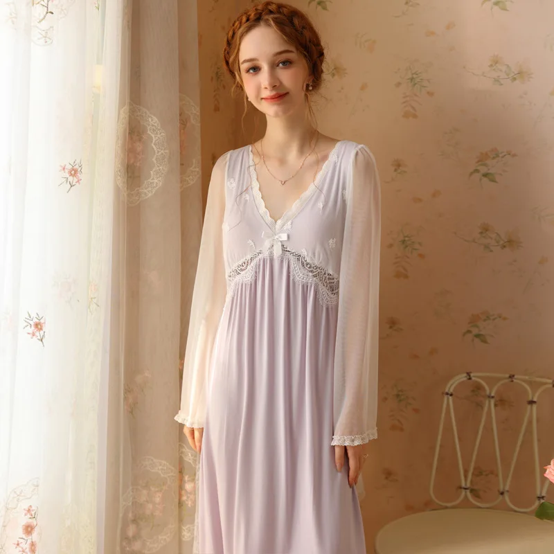 

Fairy Lace Long Night Dress Romantic Princess Sleepwear Victorian Vintage Modal V Neck Nighty Spring Autumn Women Mesh Nightgown