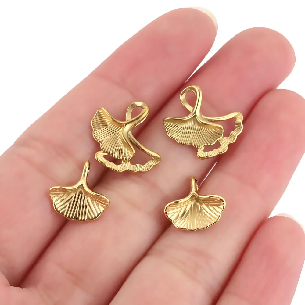 10PCS Golden Ginkgo Leaf Charm Stainless Steel Pendants Metal Leaves Pattern Charms for DIY Jewelry Making