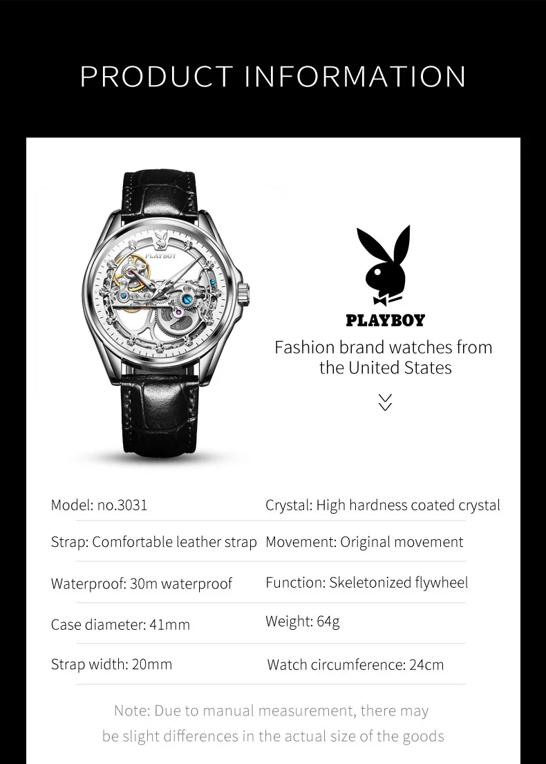 PLAYBOY New Fashion Watch for Men Original Skeleton Leather Strap Automatic Mechanical Man Watch Classic Luxury Wrist Watch Men