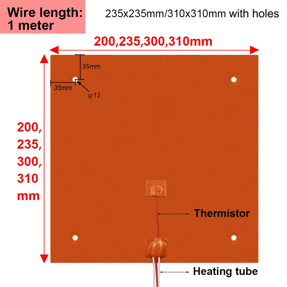 Silicone Heating Pad 220V Heater Bed 200/235/300/310mm 750w/500w Waterproof Rubber For 3D Printer Ender3 cr10 Parts Hot Bed