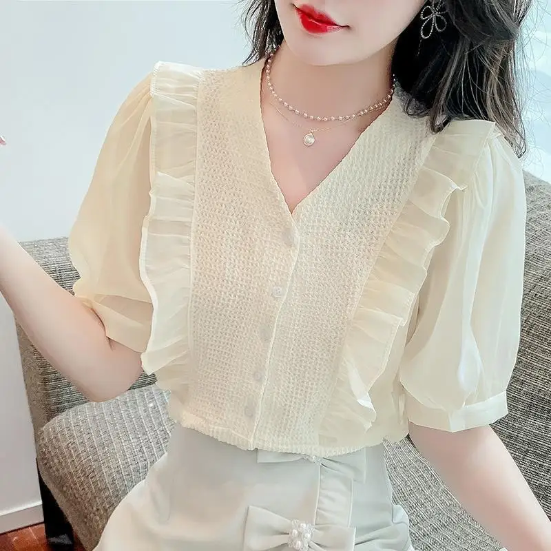 Temperament Korean Summer Solid V-neck Women's Ruffles Puff Sleeve Single Breasted Fashion Short Sleeve Loose Chiffon Shirt Tops