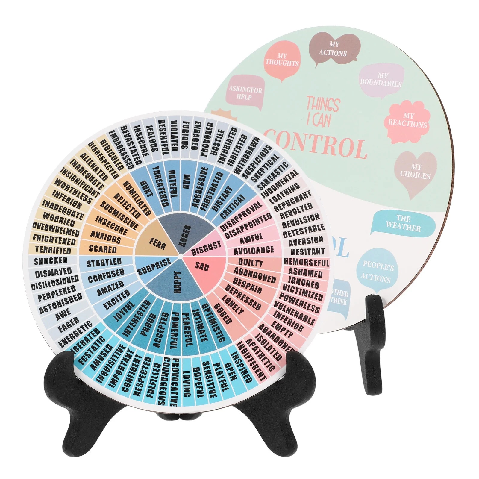 2 個の感情ホイールスタンド付きデスクトップ装飾オフィスホームデコレーション用カラフルな感情ホイールオーナメント PVC 木材素材気分