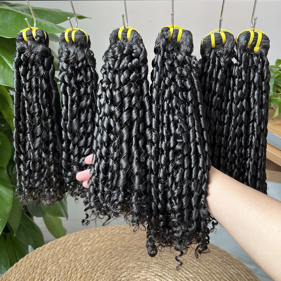 

Двойные нарисованные вьющиеся пучки человеческих волос Пикси # 1b Натуральный цвет Надувные вьющиеся 100% необработанные необработанные человеческие волосы для наращивания