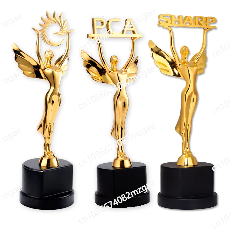 Creative Alloy Crystal Base Angel Muse Figure Sculpture Trophy Metal Custom Company LOGO Annual Meeting Trophy