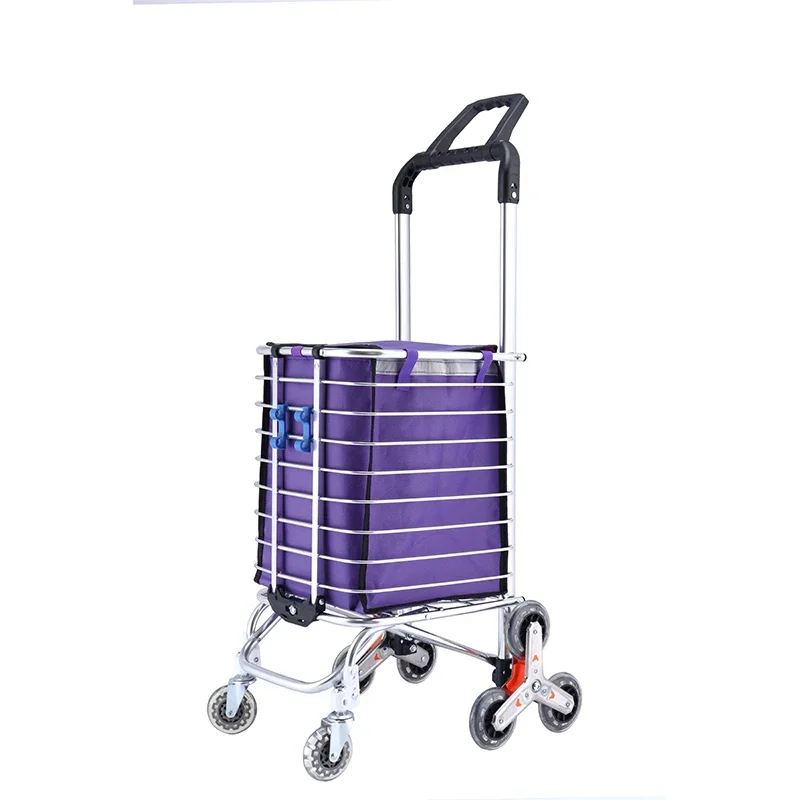 Folding Grocery Cart Portable Shopping Trolley Aluminum Alloy Lightweight Step Climbing Trolley with Telescopic Rod 35L Big