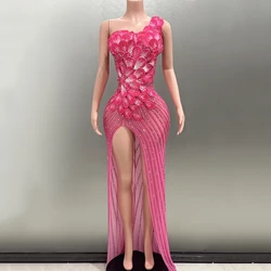2024 New Spring Women One Shoulder Sexy Shinning Rhinestones Bodycon Long Maxi Dress Performance Custome Stage Wear Evening Dres
