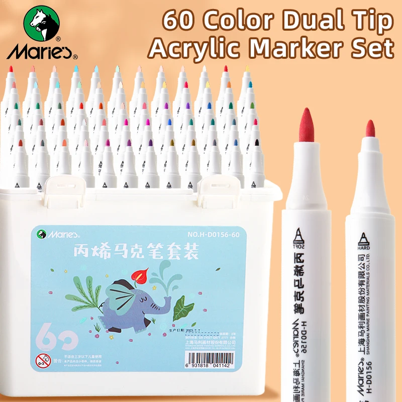 60 Colors Marie's Dual Tips Acrylic Paint Markers with Waterproof Soft & Fine Head for Glass,Wood,Fabric,Rock,Scrapbook,Ceramics