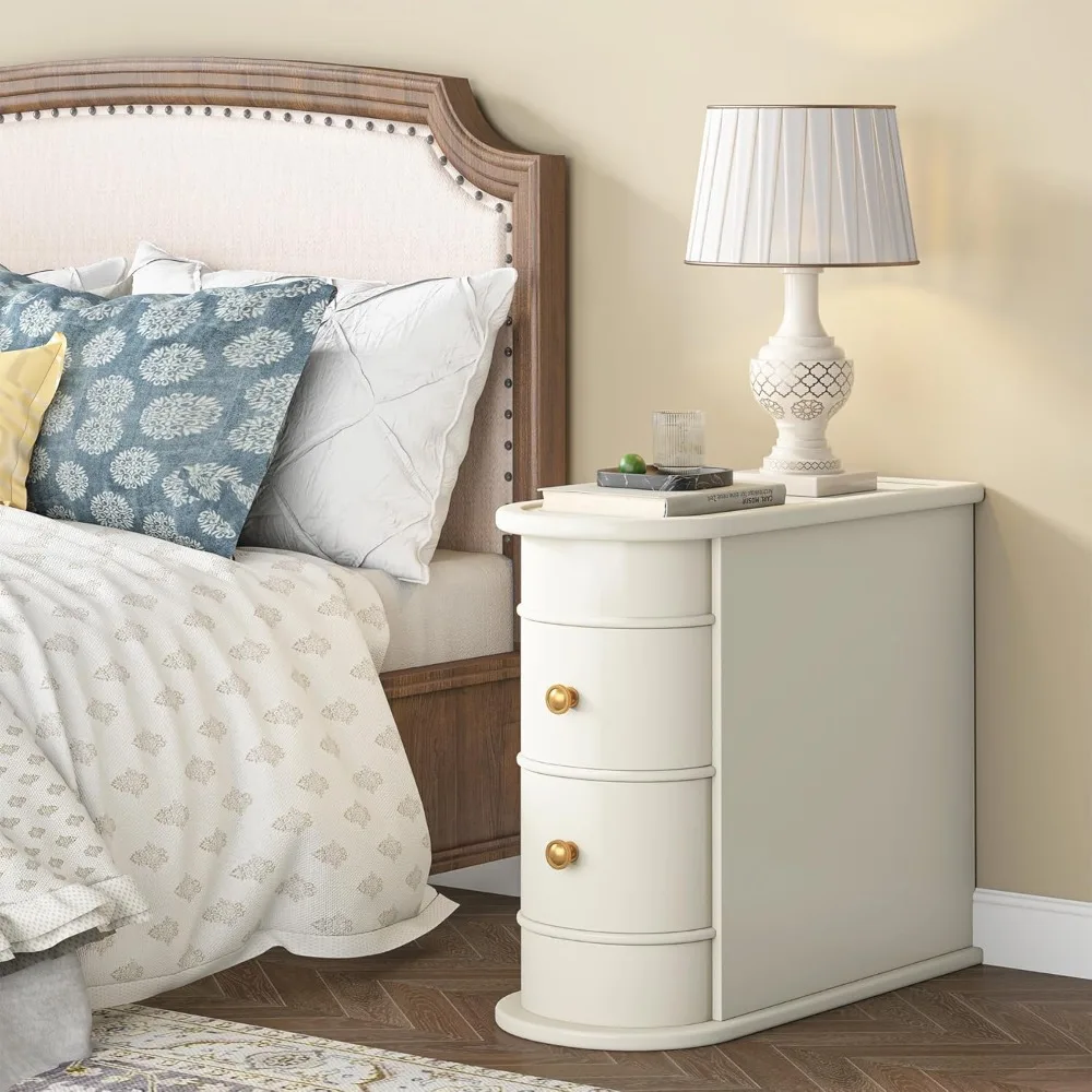 Bedroom ultra-thin bedside table set of 2, with 2 drawers, no assembly required, closed narrow edge table, ivory white