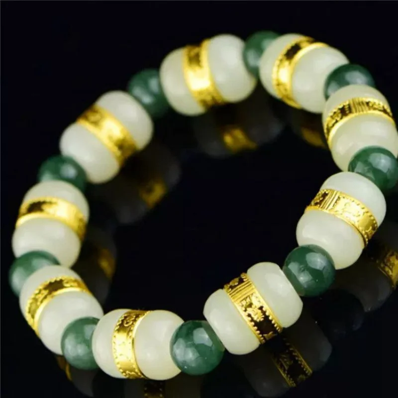 

Factory Wholesale Couple Gold Inlaid with Jade Hetian Jade as Right as Rain Bracelet Hetian Jade Bracelet