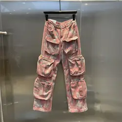 Retro Pink Camouflage Pants Punk Harajuku Baggy Jeans Multi Pocket Hottie Overalls Trousers Hip Hop Fashion Leisure Streetwear