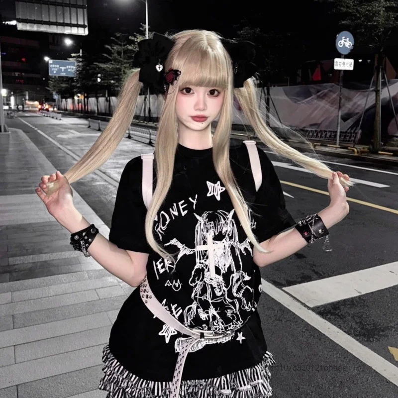 Anime Cartoon Beautiful Girl Printed T-shirt Female Student Summer New Fashion Casual Top Japanese Version Y2k Gothic Style Tees