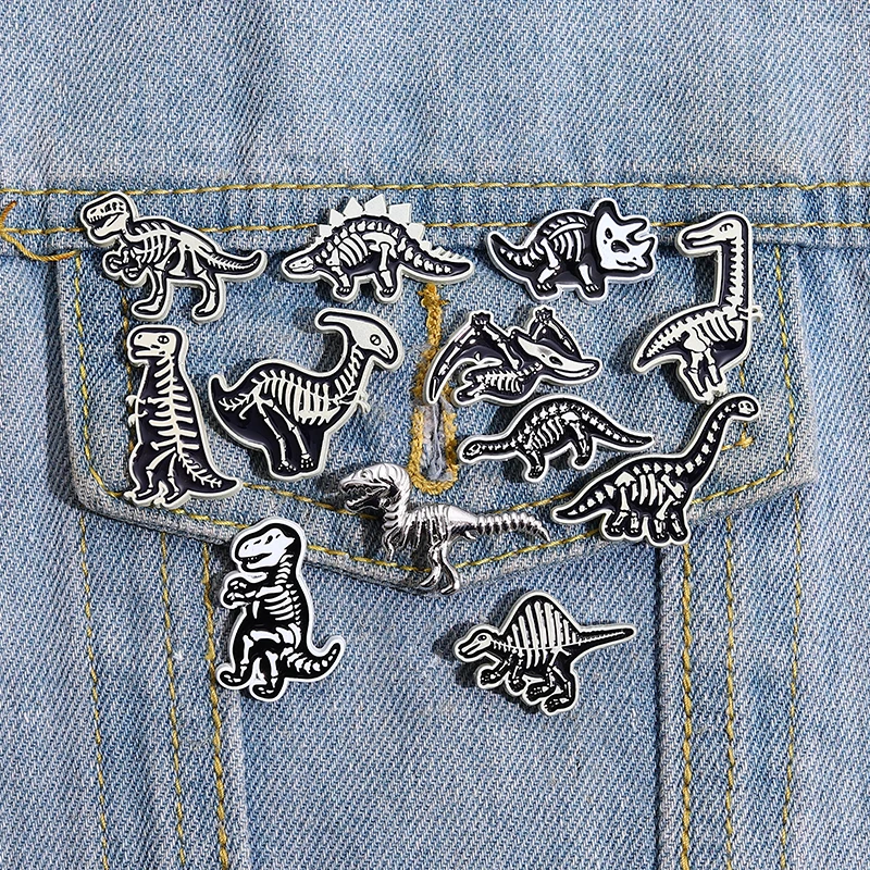 12styles Dinosaur Skeleton Enamel Pins Custom Cool Punk Brooches Lapel Badges Prehistoric Creature Animal Jewelry Gift for Kids