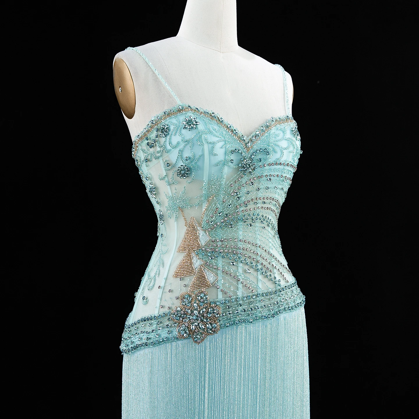 Sharon Said Abendkleider Luxus Spaghettiträger Etuikleid Tüll Perlen Quasten Kristalle Dubai Formelles Partykleid SS202 Maßanfertigung – Detail 11