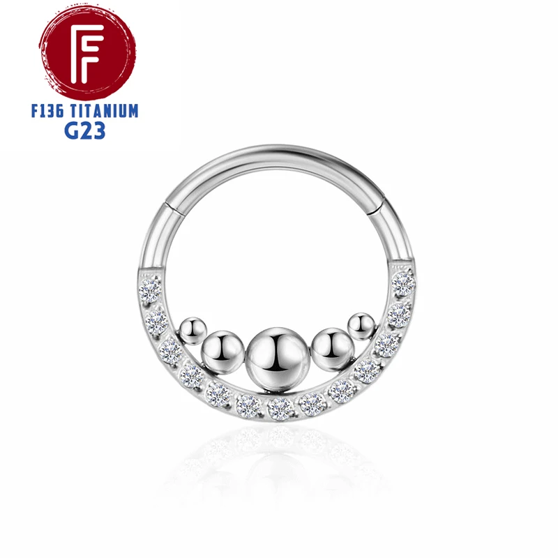 F136 Titanium Nose Piercing Hinged Bead Hoops CZ Stone Rings