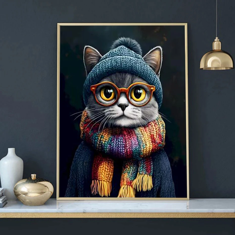 Cat with Glasses Wearing Hat and Scarf Poster Prints Cartoon Animal Canvas Painting Wall Art Picture for Living Room Home Decor