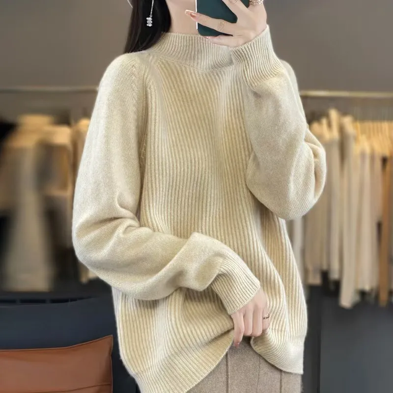 100% pure wool sweater, thickened women's half-high collar, autumn and winter loose knitted sweater, cashmere sweater.