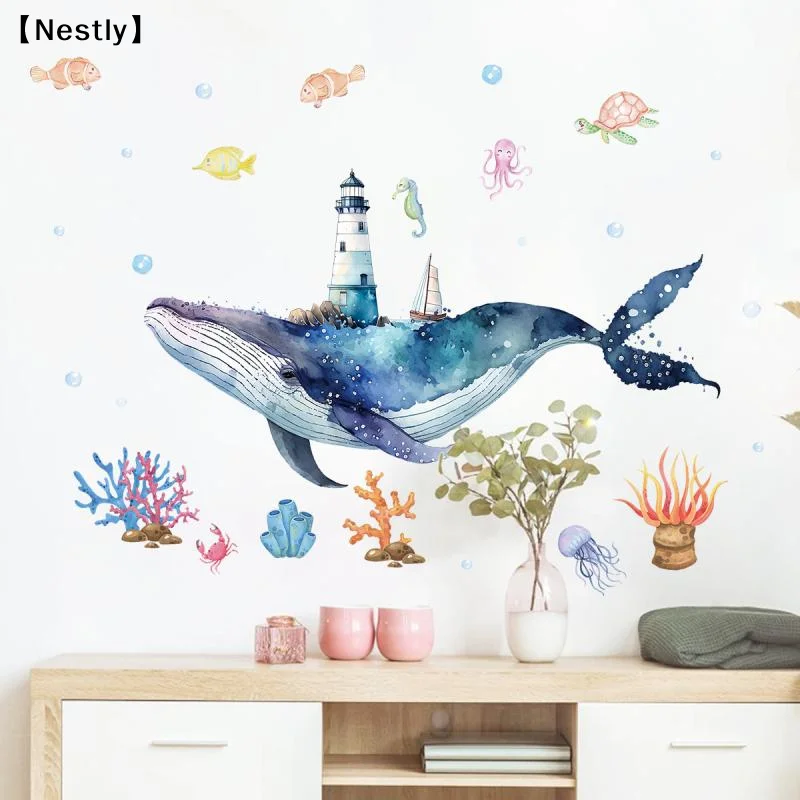 1pc Cute Whale Seaworld Wall Stickers For Kids Room Children's Room Removable Living Room Nursery Decoration Wall Decals〔Nest〕